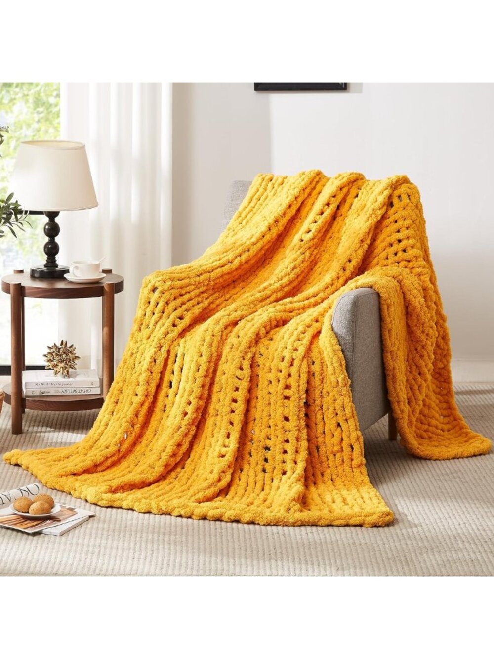 L'AGRATY Chunky Knit Throw Blanket for Couch, 50 x 60 Inches Mustard Yellow